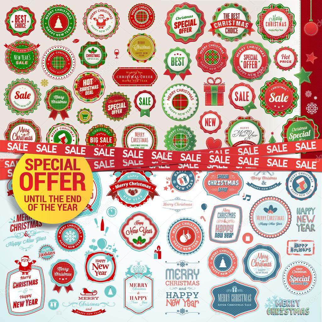 Set of labels, banners, stickers, badges and elements for Christmas and New Year
