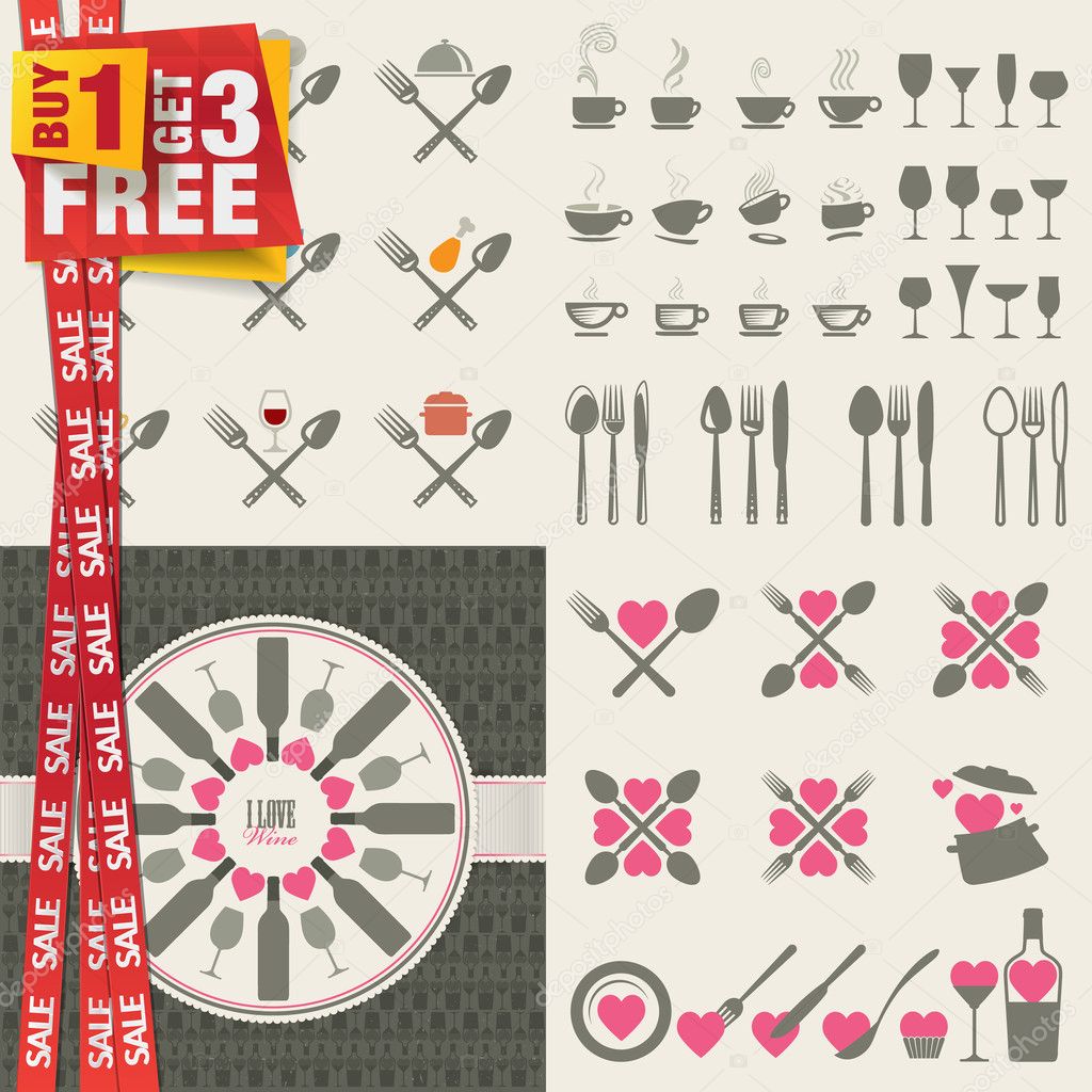 Set of icons and elements for restaurants, food and drink