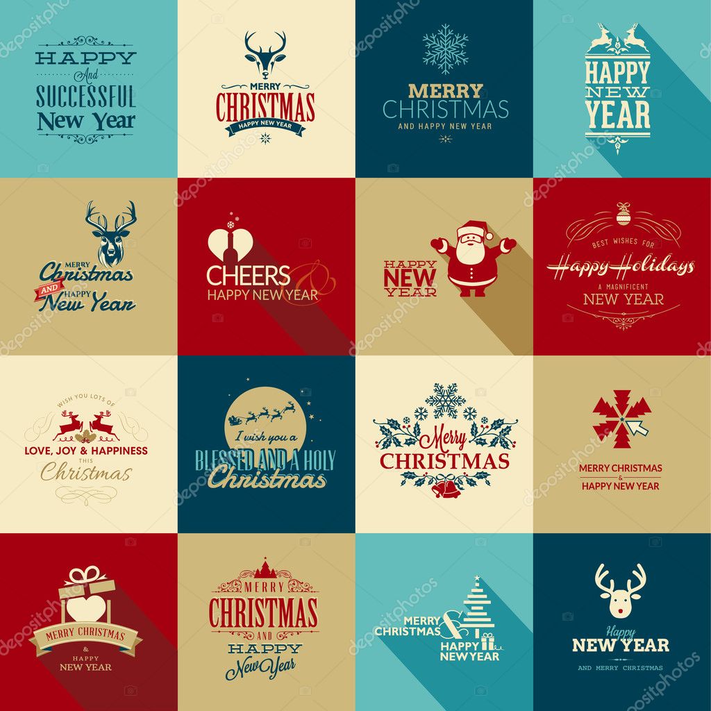Set of vintage elements for Christmas and New Year greeting cards, banners, badges.