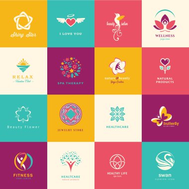 Güzellik, sağlık, sağlıklı yaşam ve moda için düz simgeler kümesi