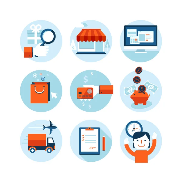 Zestaw ikon nowoczesny projekt płaski na temat usługi online zakupy i dostawy. Ikony WWW i usług mobilnych i aplikacji. na białym tle. — Wektor stockowy