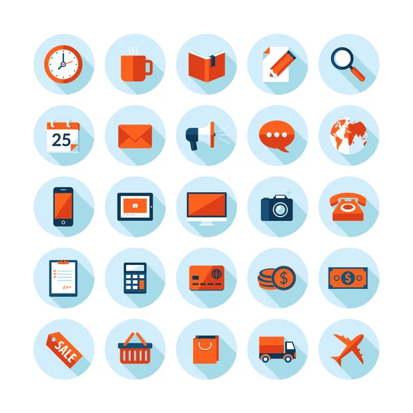 Iconos de ilustración vectorial moderno de diseño plano establecidos en el tema de negocios y finanzas. Iconos con sombra larga en colores elegantes, aislados en blanco . — Vector de stock