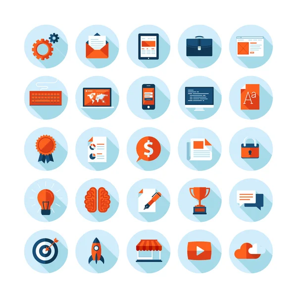 Flat design modern vector illustration icons set of web design, seo, business and marketing items. Icons with long shadow in stylish colors, isolated on white. Royalty Free Stock Vectors