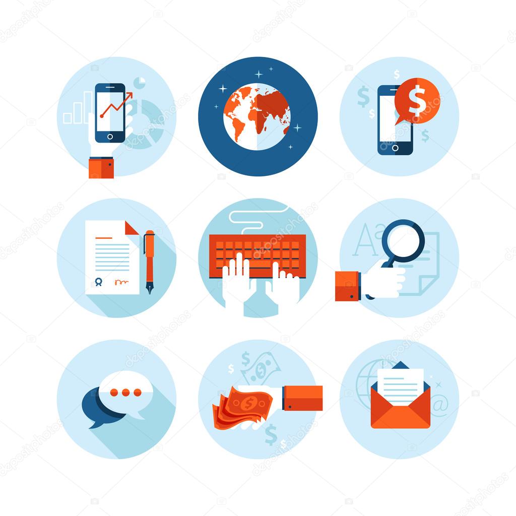 Set of modern flat design icons on business and finance theme. Icons for mobile phone business app, e-commerce, contract, internet marketing, market research, banking and money transfer, communication