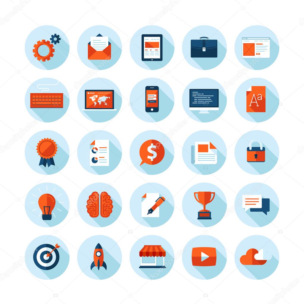 Flat design modern vector illustration icons set of web design, seo, business and marketing items. Icons with long shadow in stylish colors, isolated on white.