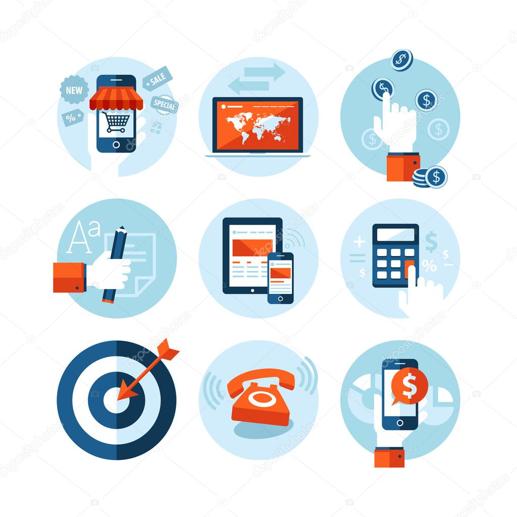 Set of modern flat design icons on e-commerce theme. Icons for online shopping, internet marketing, refferal marketing, computer and mobile phone apps, finance, planning, strategy and advertising.