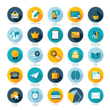 Set of flat design icons for E-commerce, Pay per click marketing, Responsive web design, SEO, Reputation management and Internet marketing clipart
