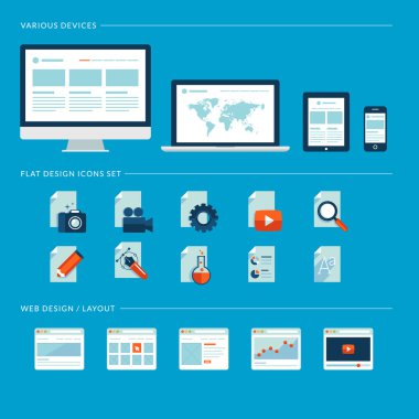 Set of flat design icons for web and mobile phone services and apps. Icons for web design development, web page design layouts, various devices