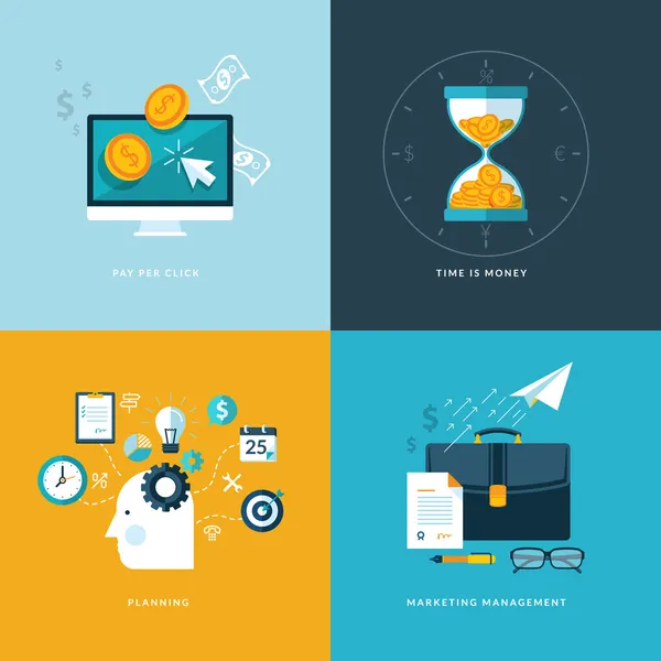 Web と携帯電話サービスとアプリケーションのためのフラットなデザイン コンセプト アイコンのセットです。アイコンのクリック単価、計画、マーケティング管理、時は金なり. — ストックベクタ