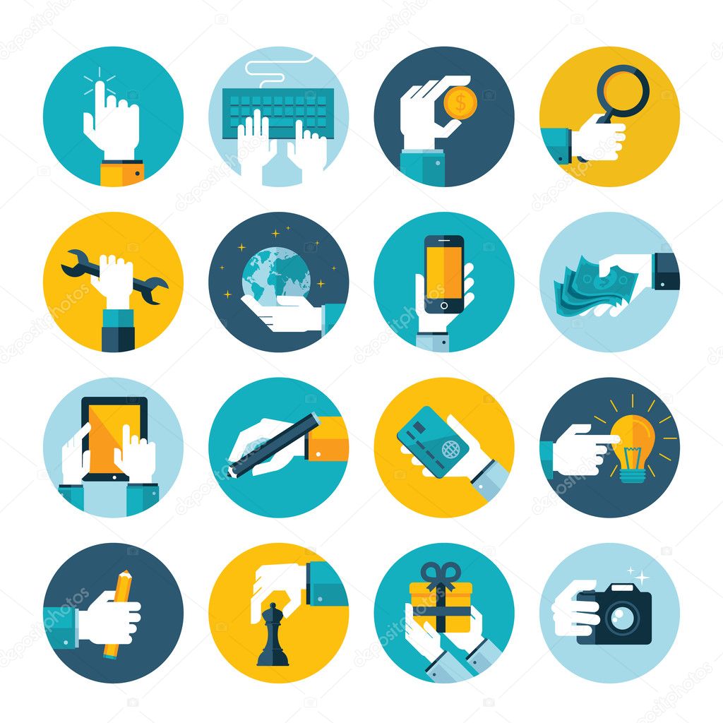 Modern flat icons vector collection of hand using devices, using money, repairs, write, give a gift, play chess, touching touchscreen, hand in business situations, in design and marketing process.