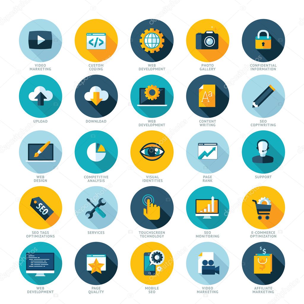 Set of flat design icons for Web design development, SEO and Internet marketing