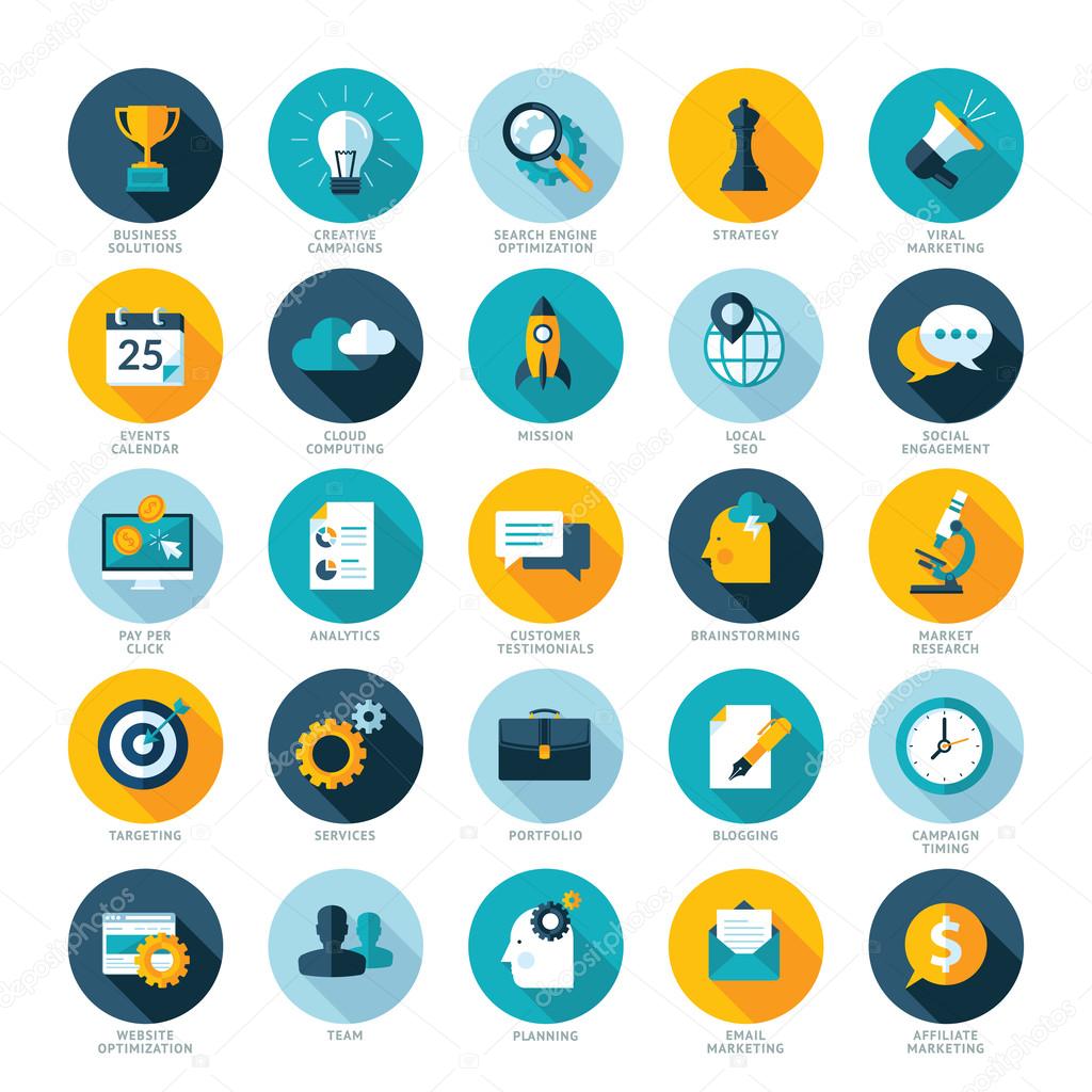 Set of flat design icons for Business, SEO and Social media marketing