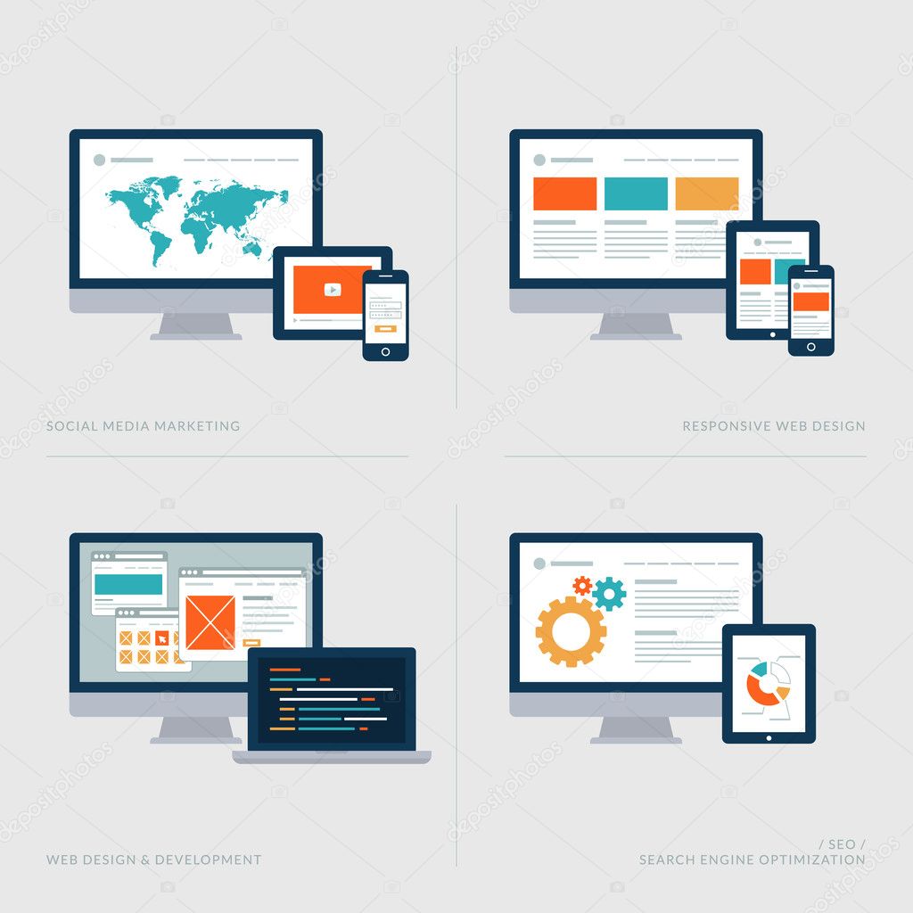 Set of flat design concept icons for Social media marketing, Responsive web design, Web design and development, SEO