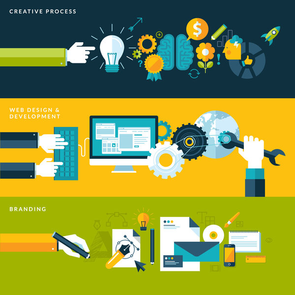 Set of flat design vector illustration concepts for creative process, web design & development and branding.
