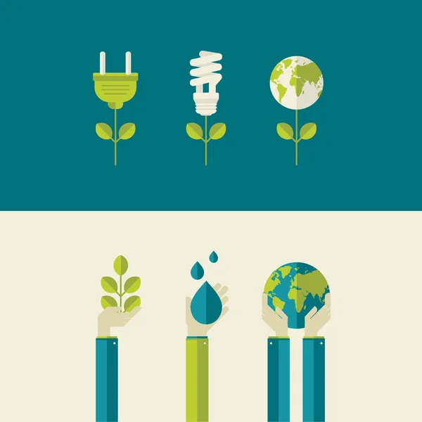 Uppsättning platt design vektor illustration begrepp för grön energi och rädda planeten, vatten och natur. begrepp för web banners och tryckt material. — Stock vektor