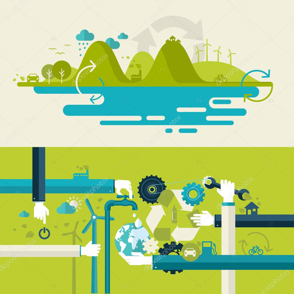 Set of flat design vector illustration concepts for ecology, recycling and green technology. Concepts for web banners and printed materials.