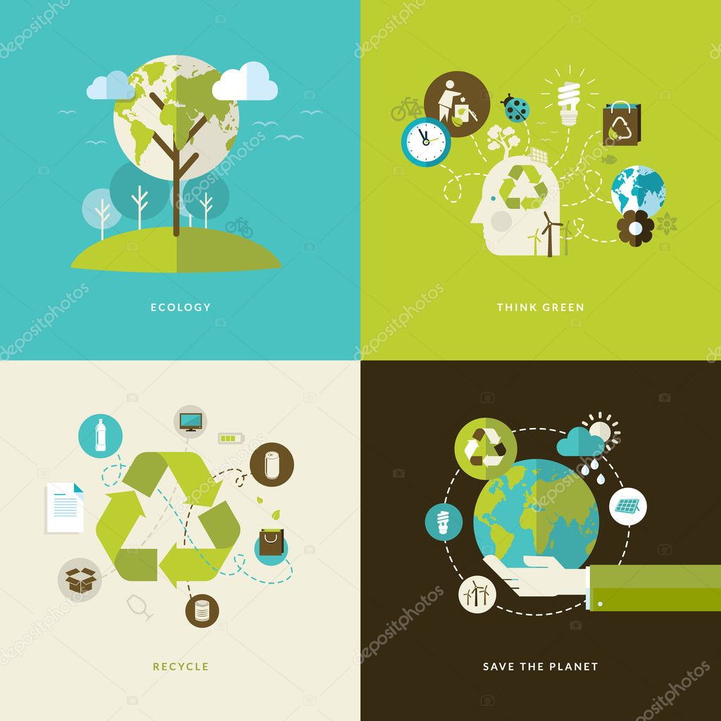 Set of flat design concept icons for web and mobile services and apps. Icons for ecology, think green, recycle and save the planet.