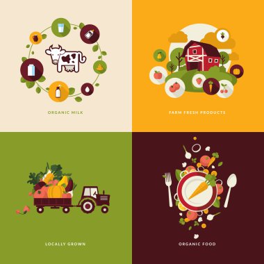 Set of flat design concept icons for organic food and drink