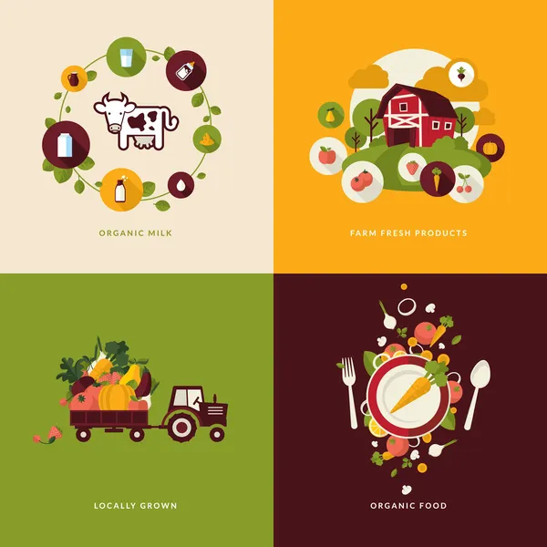 Set di icone di design piatto per alimenti e bevande biologici — Vettoriale Stock