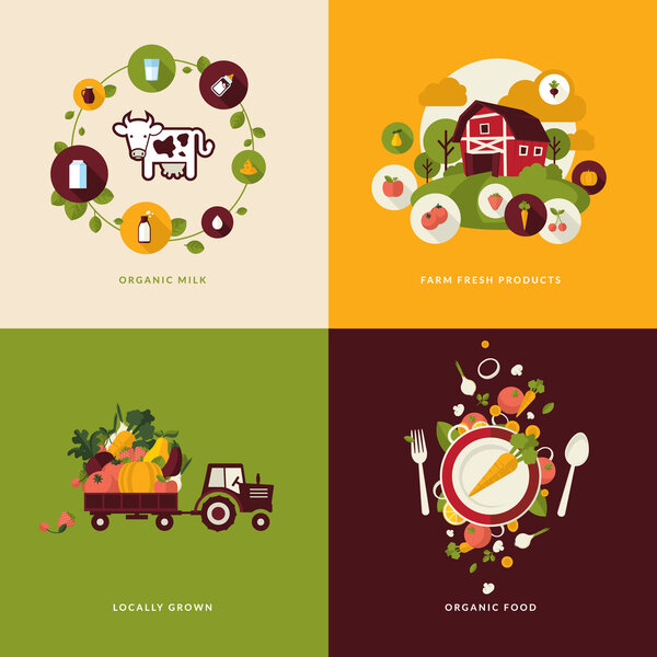 Set of flat design concept icons for organic food and drink