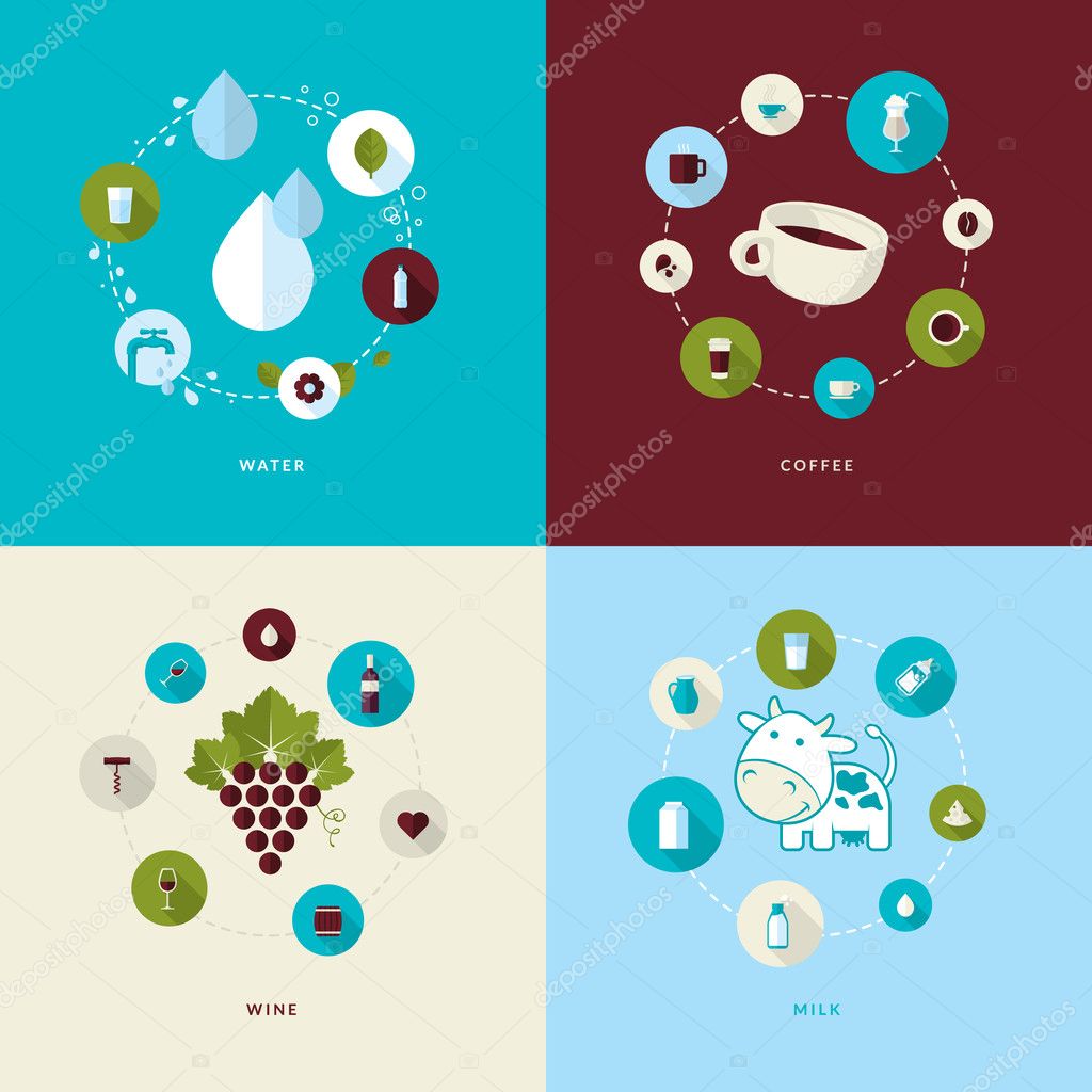 Set of flat design concept icons for water, coffee, wine and milk