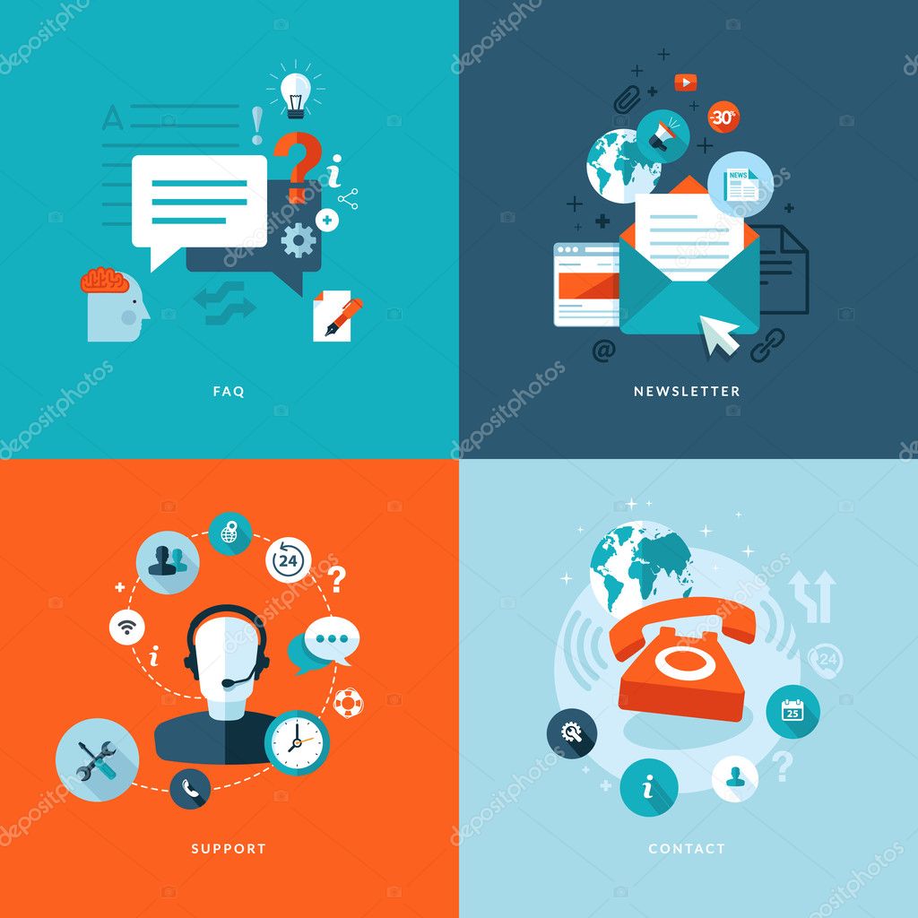 Icons for faq, newsletter, support, contact.