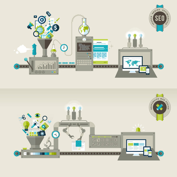 Set of flat design concepts for responsive web design and SEO