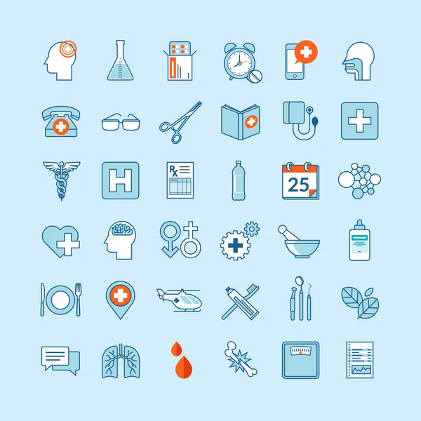 Conjunto de ícones de design plano para medicina e cuidados de saúde — Vetor de Stock