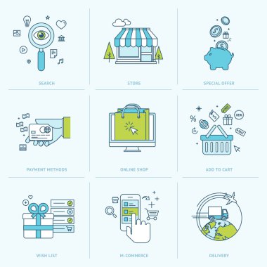 Set of flat line icons for online shopping