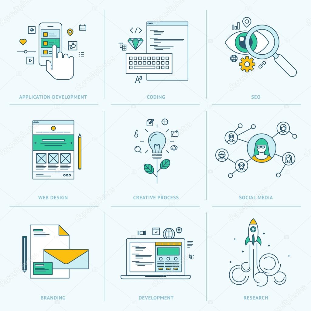 Set of flat line icons for web development