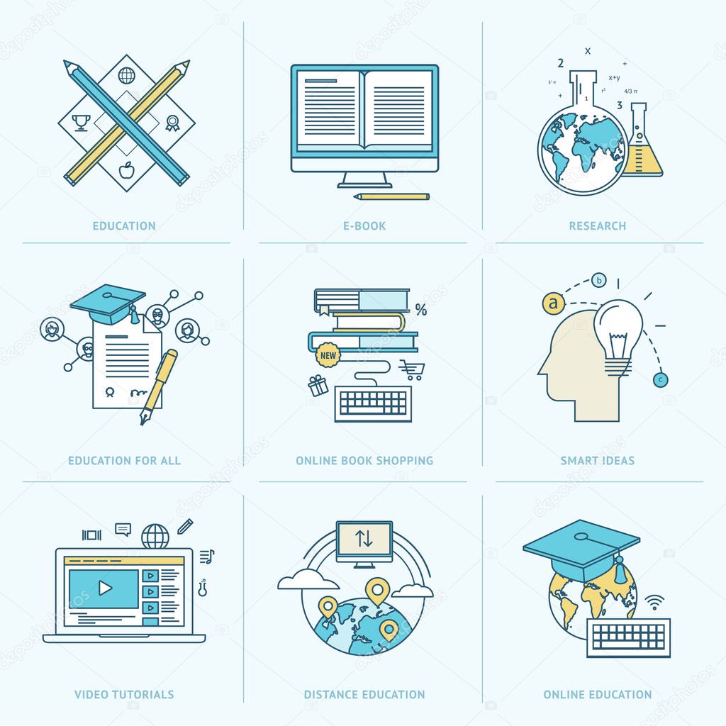 Set of flat line icons for online education