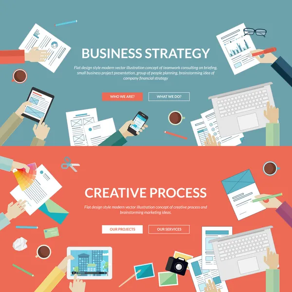 Ensemble de concepts de design plat pour la stratégie d'entreprise et le processus créatif — Image vectorielle