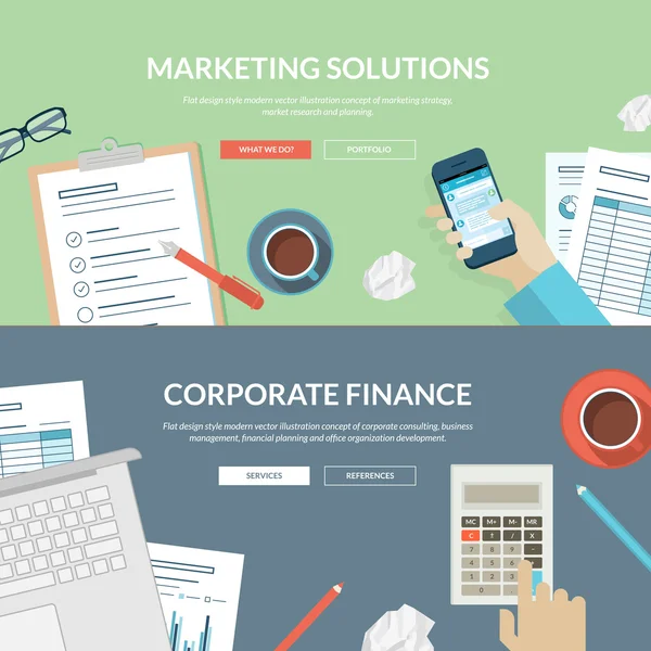 Conjunto de conceptos de diseño plano para soluciones de marketing y finanzas corporativas — Vector de stock