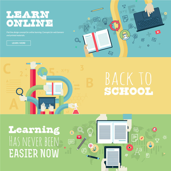 Set of flat design concepts for education, online learning, back to school