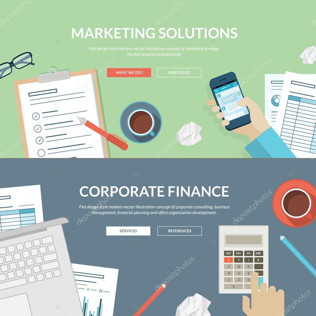 Set of flat design concepts for marketing solutions and corporate finance