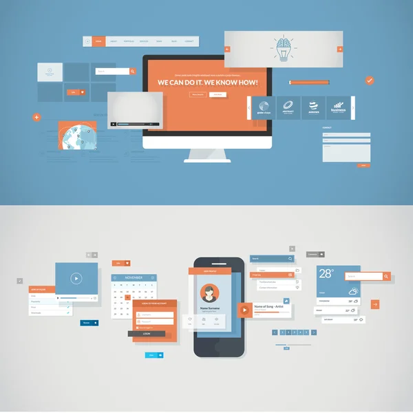 モバイル アプリとウェブサイトの設計開発のための平らな設計概念のセット — ストックベクタ