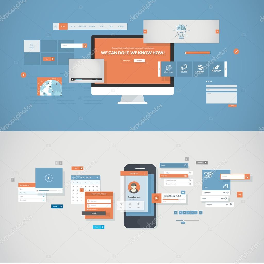 Set of flat design concepts for mobile app and website design development