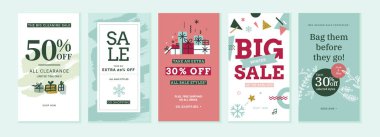 Kış indirimi. Web ve sosyal medya satış afişleri, alışveriş ve e-ticaret için vektör illüstrasyonları, mağaza markaları, satış etiketleri ve kuponları, ürün tanıtımı, pazarlama.