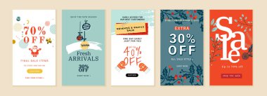Kış indirimi. Web ve sosyal medya satış afişleri, alışveriş ve e-ticaret için vektör illüstrasyonları, mağaza markaları, satış etiketleri ve kuponları, ürün tanıtımı, pazarlama.