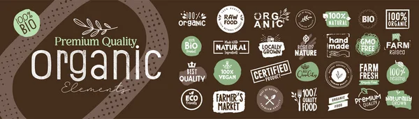 Organic Food Farm Fresh Natural Product Signs Collection Food Market — Stock Vector