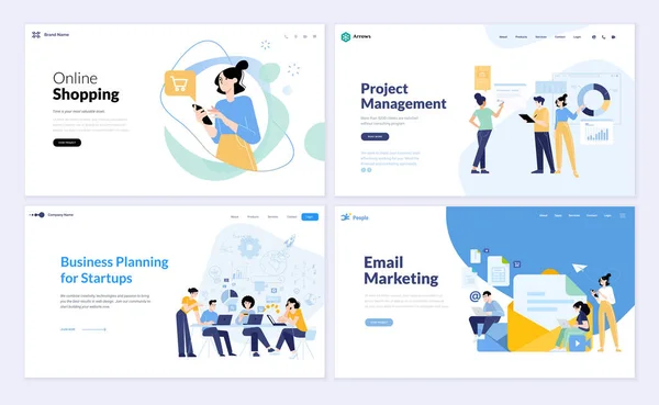 Állítsa Weboldal Tervezési Sablonok Kereskedelem Online Vásárlás Projektmenedzsment Startup Üzleti — Stock Vector