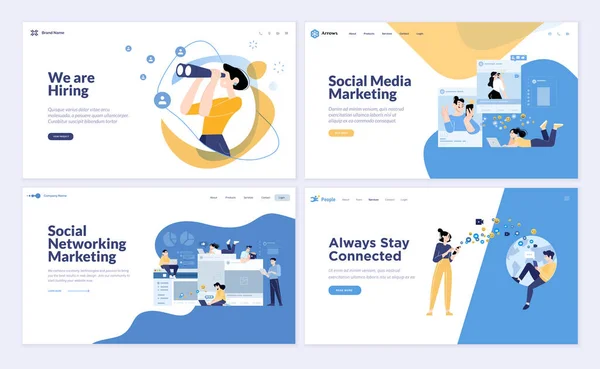 オンラインコミュニケーション ソーシャルメディア ネットワーキング デジタルマーケティング キャリア 雇用のウェブページデザインテンプレートのセット ウェブ開発のためのベクターイラスト — ストックベクタ
