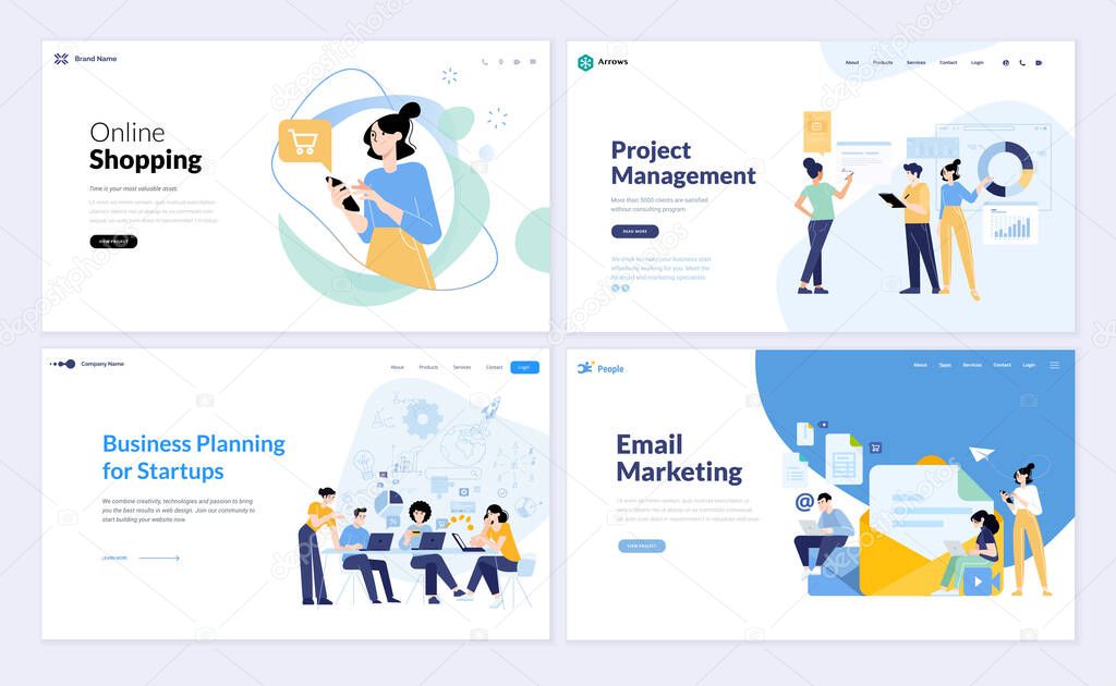 Set of web page design templates of e-commerce, online shopping, project management, startup and business planning, email marketing. Vector illustrations for web development.