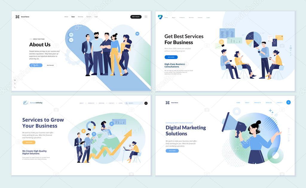 Set of web page design templates of business services, about us, our team, strategy, planning, data analytics, market research, digital marketing, social media. Vector illustrations for web development.