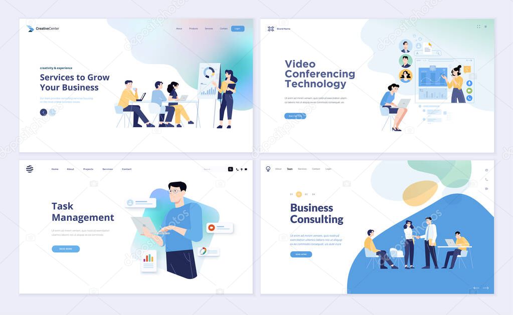 Set of web page design templates of business consulting, task management, project development, business strategy, video conferencing, online meeting, video call. Vector illustrations for web development.