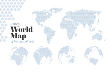 Altıgen noktaların noktalı dünya haritası. Web sitesi tasarımı, yıllık raporlar, bilgi grafikleri, iş ve seyahat sunumu, pazarlama için dünya haritaları ve yer kürelerinin vektör ilülasyonu.