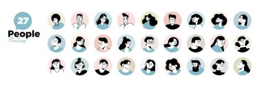 İnsanlar avatar simgeleri. Sosyal medya ve ağ oluşturma, kullanıcı profili, web sitesi ve uygulama tasarımı ve geliştirmesi için vektör illüstrasyon karakterleri, kullanıcı profili simgeleri.