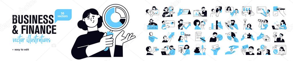 Business and marketing concept illustrations. Set of people vector illustrations in various activities of business, management, payment, market research and data analysis, communication. 