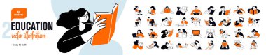 Education concept illustrations. Set of people vector illustrations in various activities of education, learning, reading book, online course and training, back to school.
