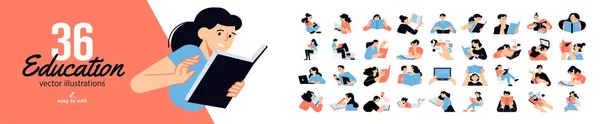 Set Education People Illustrations Flat Design Vector Concepts Education Learning — 스톡 벡터